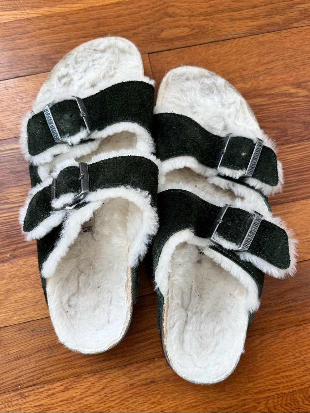 Birkenstock Shearling Double Buckle Slide Sandals - Dark Green & Cream